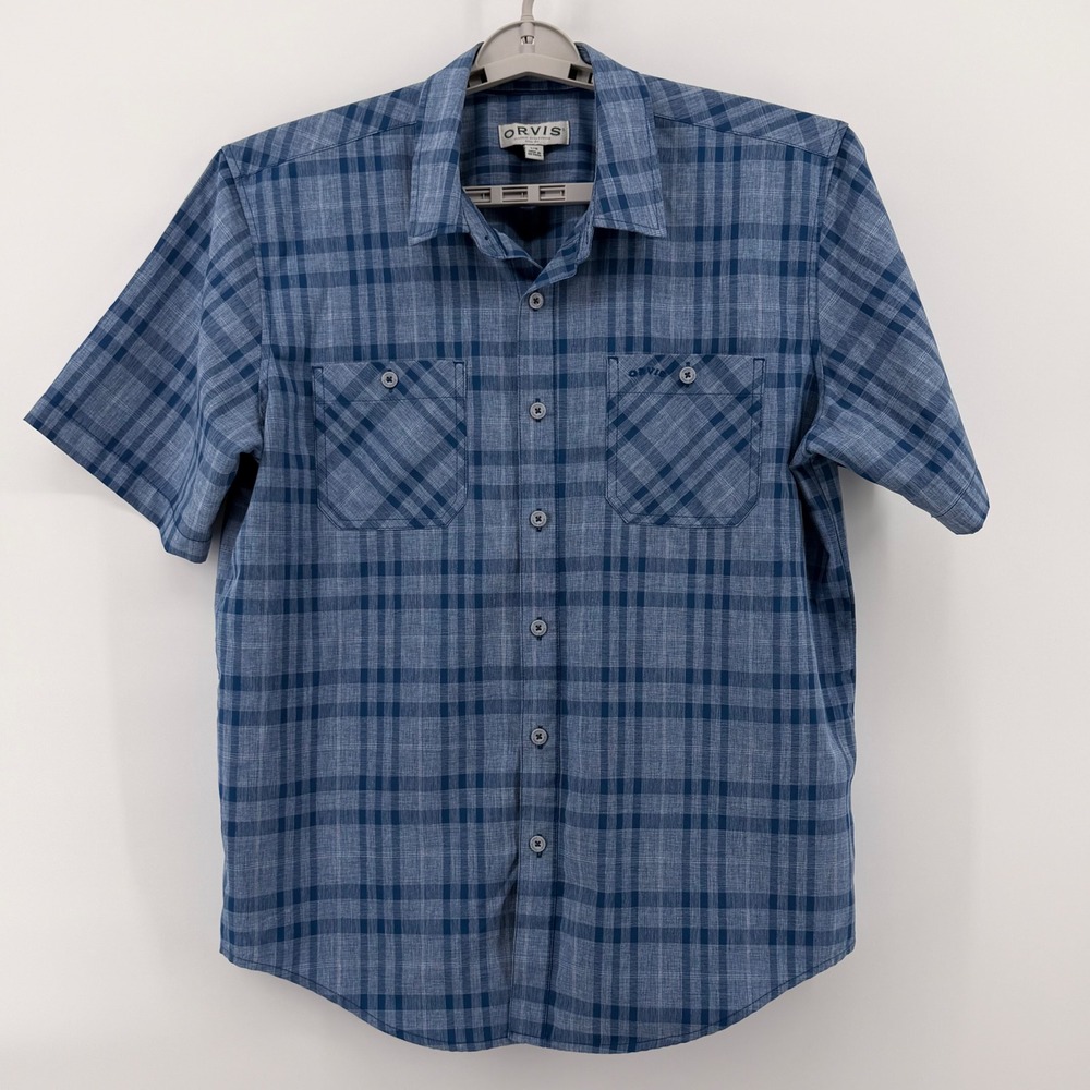 Orvis Mens Blue Plaid Short‎ Sleeve Button Up Shirt Classic Collection Large L